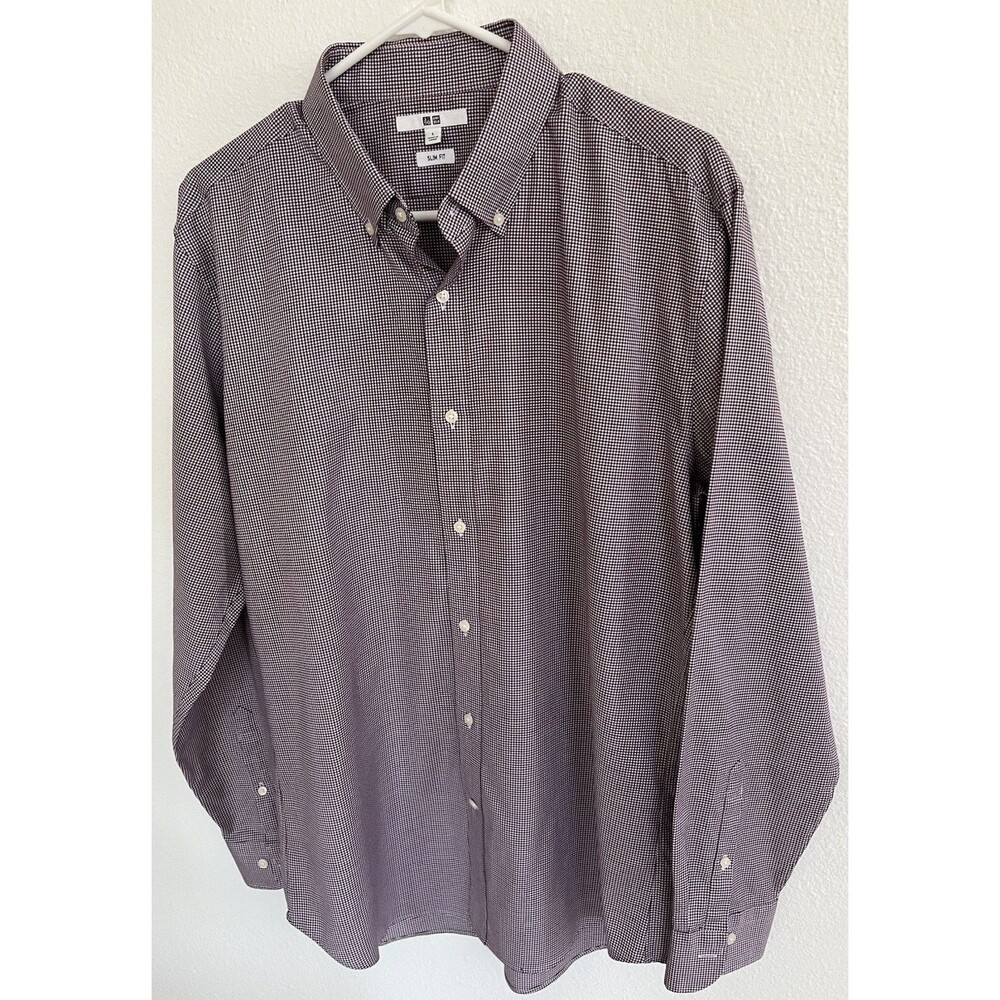 Uniqlo Mens Large Slim Fit Easy Care Checked Button Down Shirt Burgundy Blue
